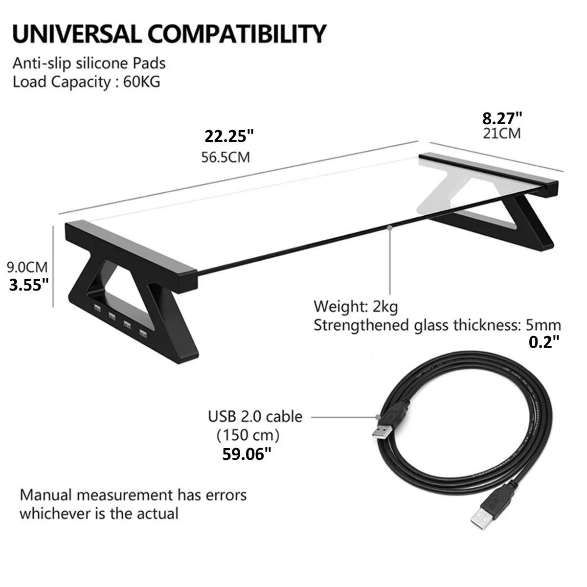 

Multi-function Computer Monitor Stand with 4 USB Ports Aluminum Alloy Tempered Glass Desktop Laptop Holder Desk TV Screen Riser