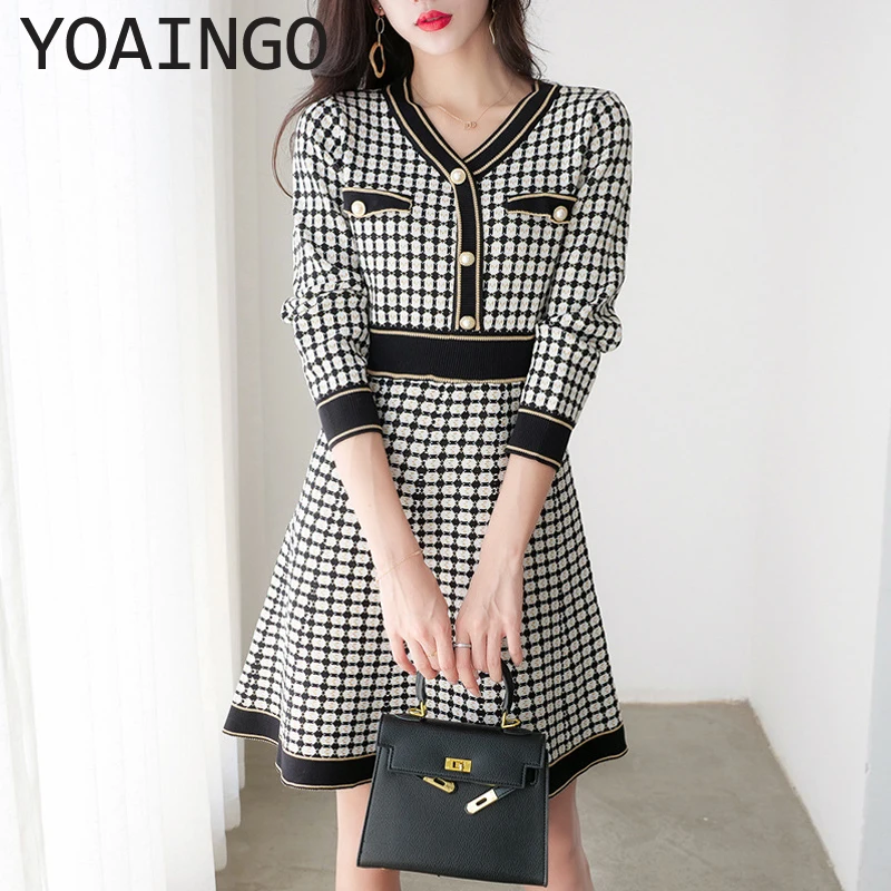 

Temperament V-neck Plaid Knitted Dress Autumn Fashion Contrast Color Long-sleeved And Knee-length Skirt Versatile
