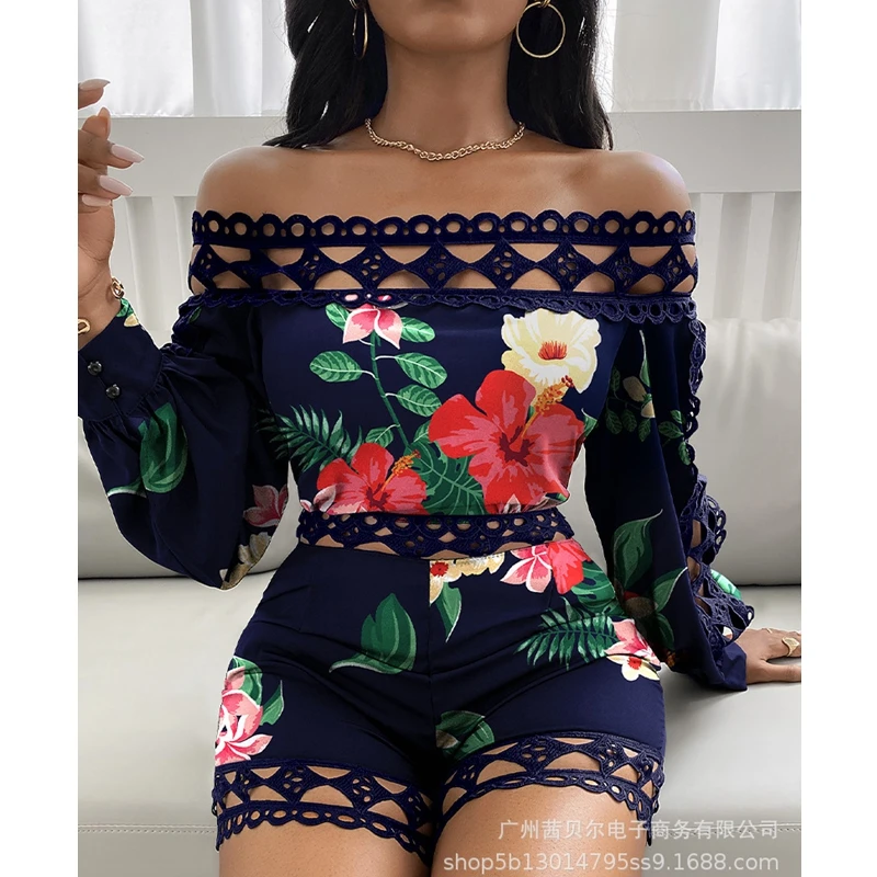 

WEPBEL Casual Slim Playsuits Women's Lace Hollow Out Playsuits Summer Sexy Lantern Sleeve Floral Print Straight Playsuits