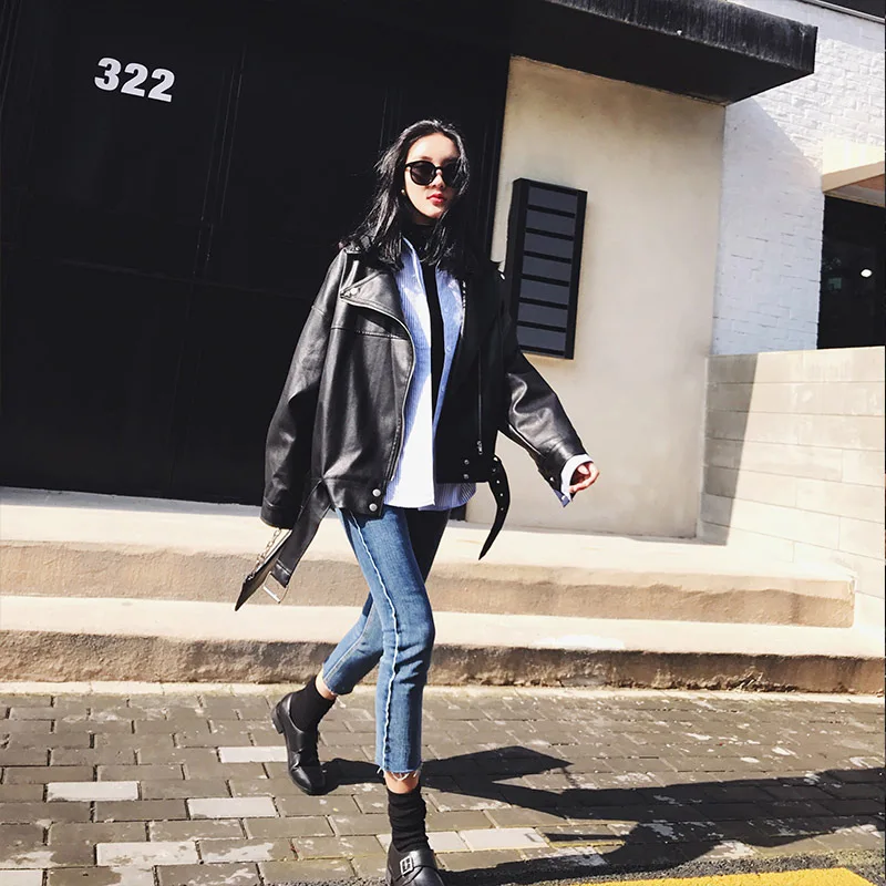

Pu leather jacket women's mid-length fashion BF wind loose motorcycle leather jacket