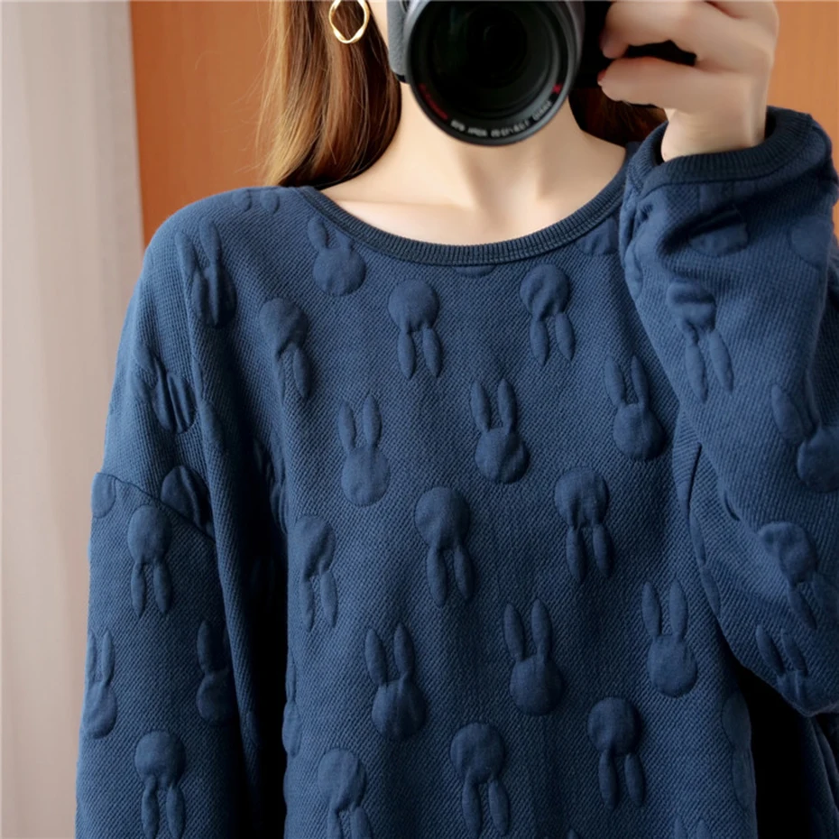 

Padded Rabbit Thickened Women's Loose Sweatshirts Oversize Tops Autumn Winter Solid Pink Pullovers Female Casual Pull