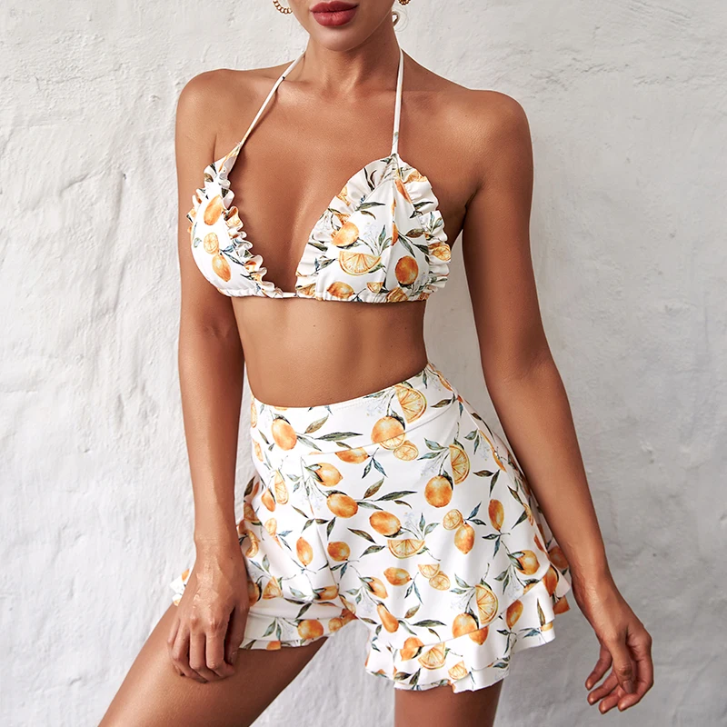 

High waist pants bikini 2021 Floral print swimsuit female Ruffle bikini Push up swimwear women Halter swimsuit Bathing suit