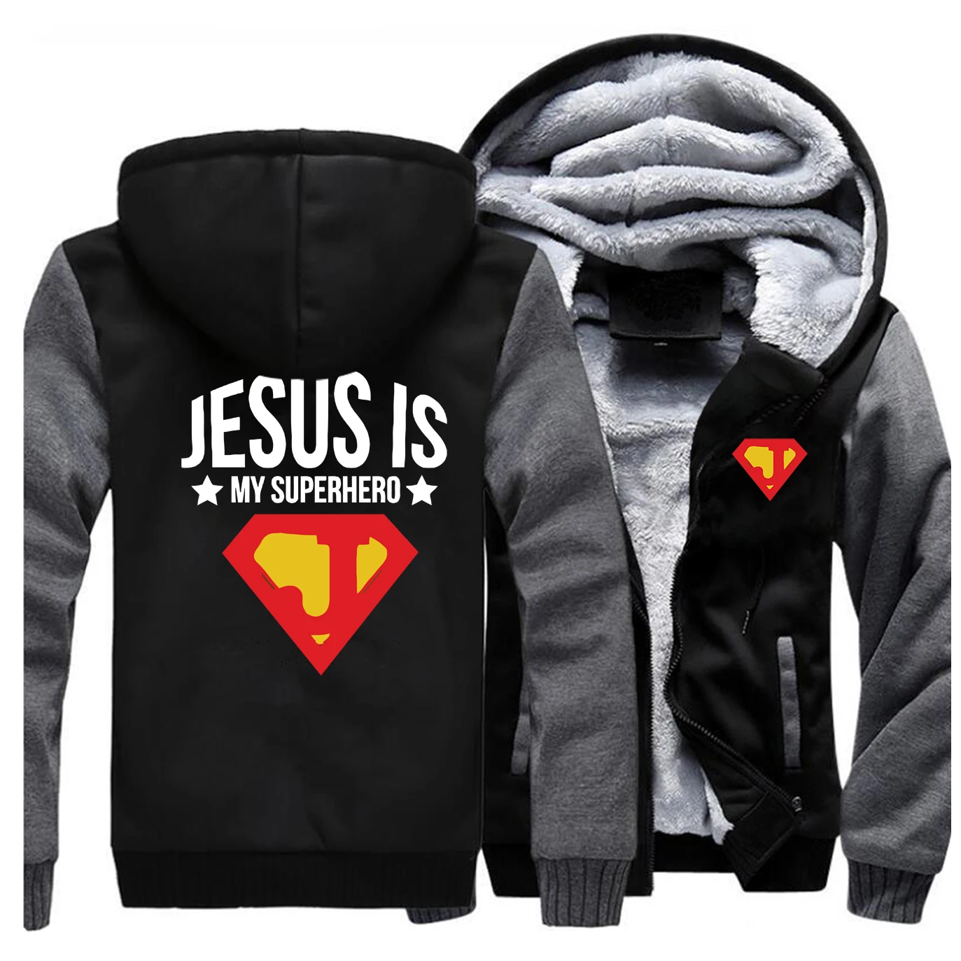 Jesus is my superhero, мужская уличная куртка с принтом,, зимнее флисовое теплое Мужское пальто в стиле хип-хоп, забавные мужские плотные толстовки с капюшоном, толстовка - Цвет: Dark Gray Black 5