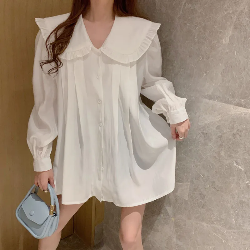 

Korean Ruffles Version Of Plus Size Mid-Length Peter Pan Collar Was Thin Solid Color Single Breasted Long-Sleeved Shirt Tops