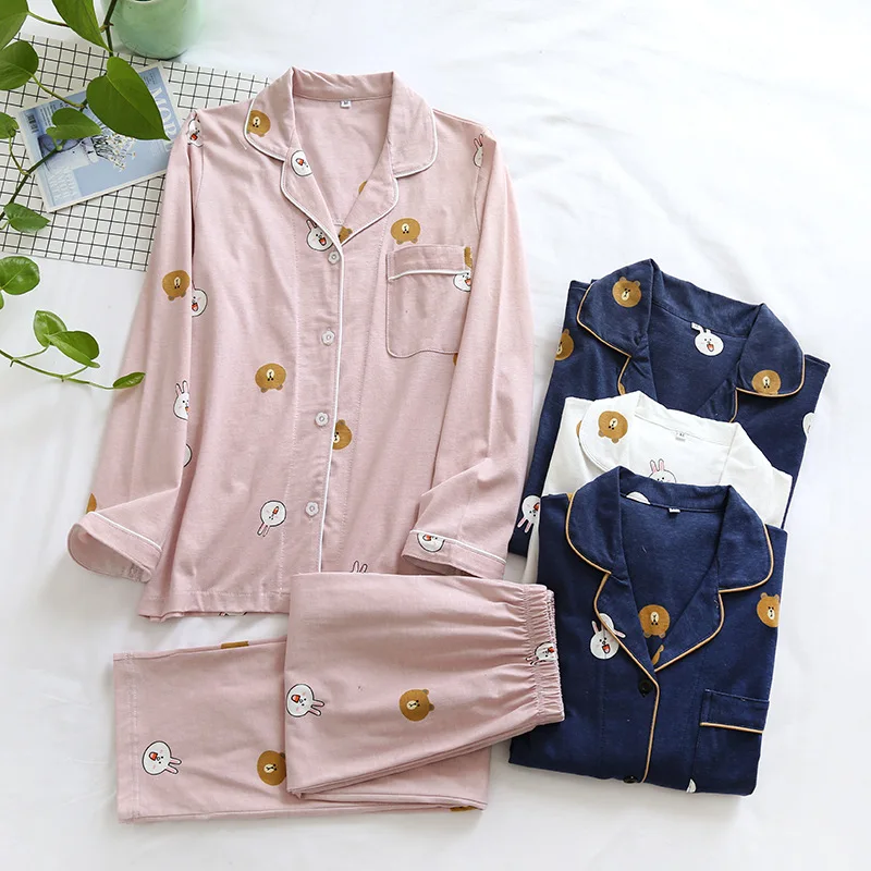 

New Japanese Style Cotton Couple Pajamas Suit Women Long-sleeved Trousers Two-piece Men Autumn And Winter Lapel Home Service Set