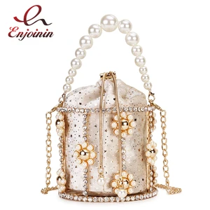 Luxury Fashion Pearl Flower Diamond Bucket Design Women  Evening Bag Shoulder Bag Crossbody Purses and Handbags Girl's Chain Bag