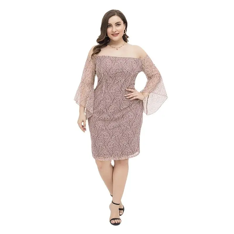 Lady Lace Light Midi Dress Elegant Slash Neck Large Long Sleeve Slim Strapless Party Dress Plus Size 4XL