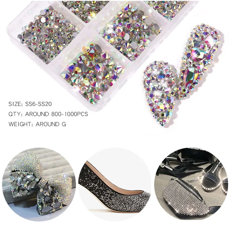 

1 Box Mix Size Crystal AB Glass Rhinestones For Nails Non Hot Fix 3D Flatback Diamond Strass Gems Glitter Jewelry Nail Art Decor