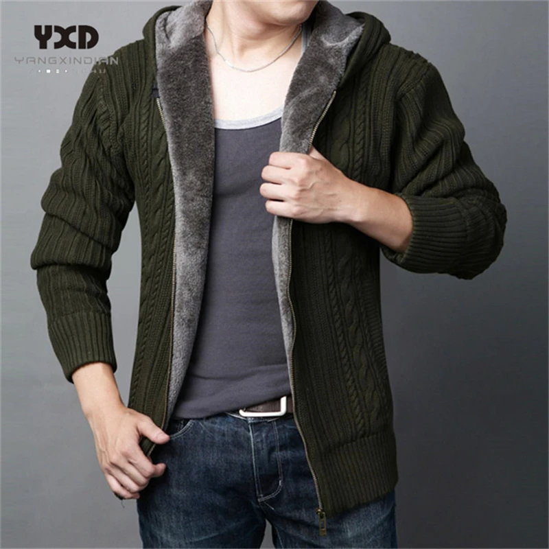 

Plus size 5XL 100%Cotton Winter Warm Thick Casual Faux Fur Lining Knitted Vertical stripes Sweaters coat Men Hooded Cardigans