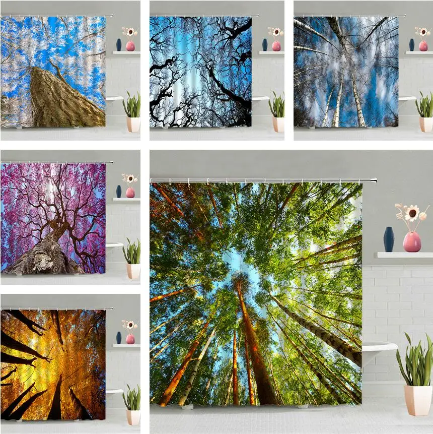 

Tree Green Plant Shower Curtain Forest Nature Scenery 3D Printed Waterproof Hooks Hanging Curtains Bathroom Screen Home Decor