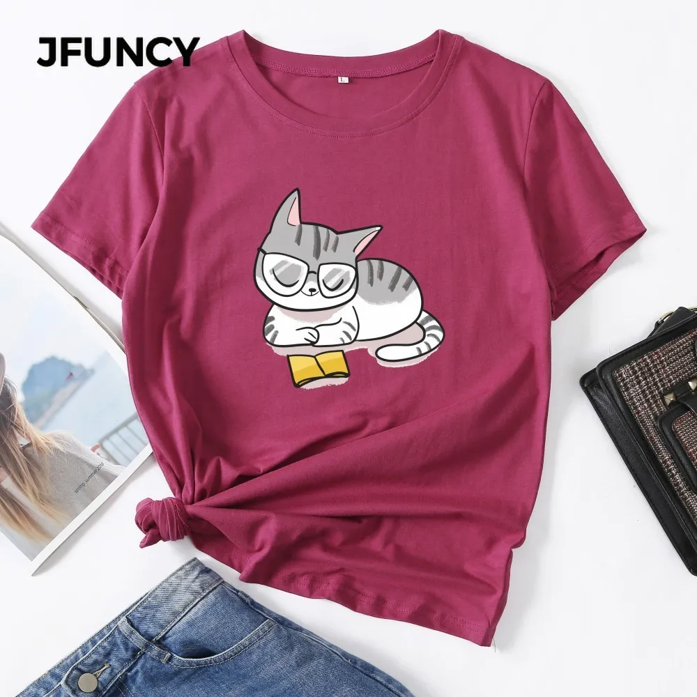 

JFUNCY, плюс размер, летняя женская хлопковая футболка, кошка, читает книги, мультяшный принт, графические футболки, повседневная женская футбо...