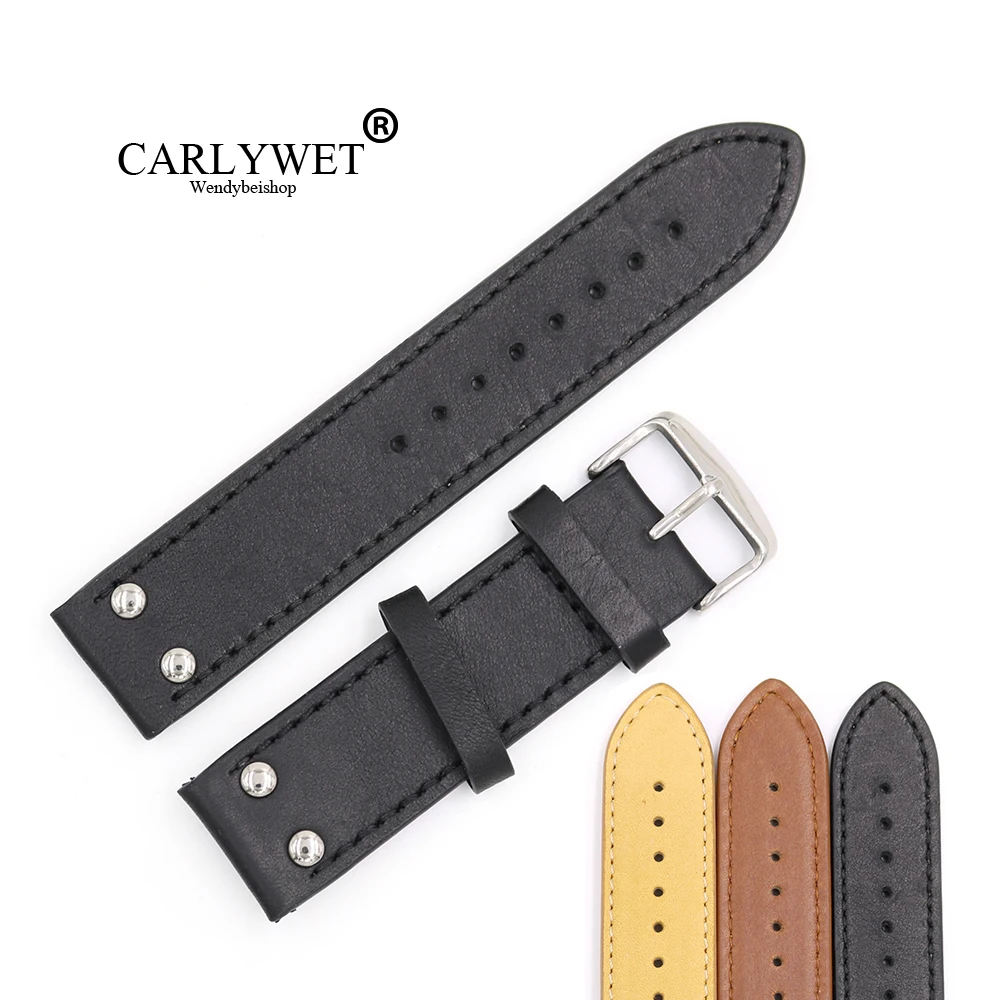 

CARLYWET 22mm Black Brown Yellow Real Leather Handmade Replacement Thick Vintage Wrist Watch Band Strap With Polished Buckle