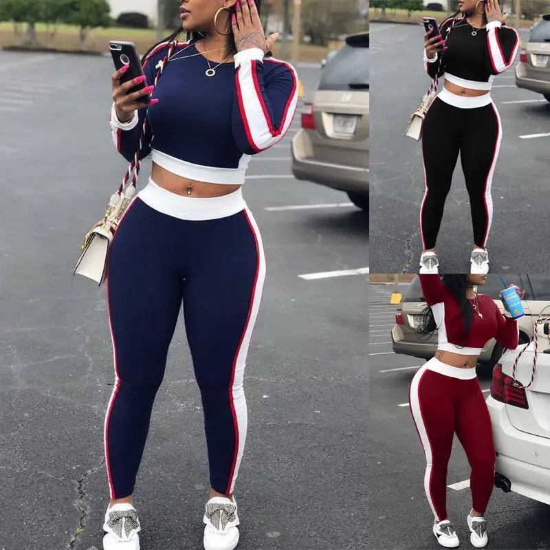 

Sexy Women Sports Set Sleeve Crop Top Pants Outfit Workout Gym Fitness Athletic Workout Clothes Tracksuit