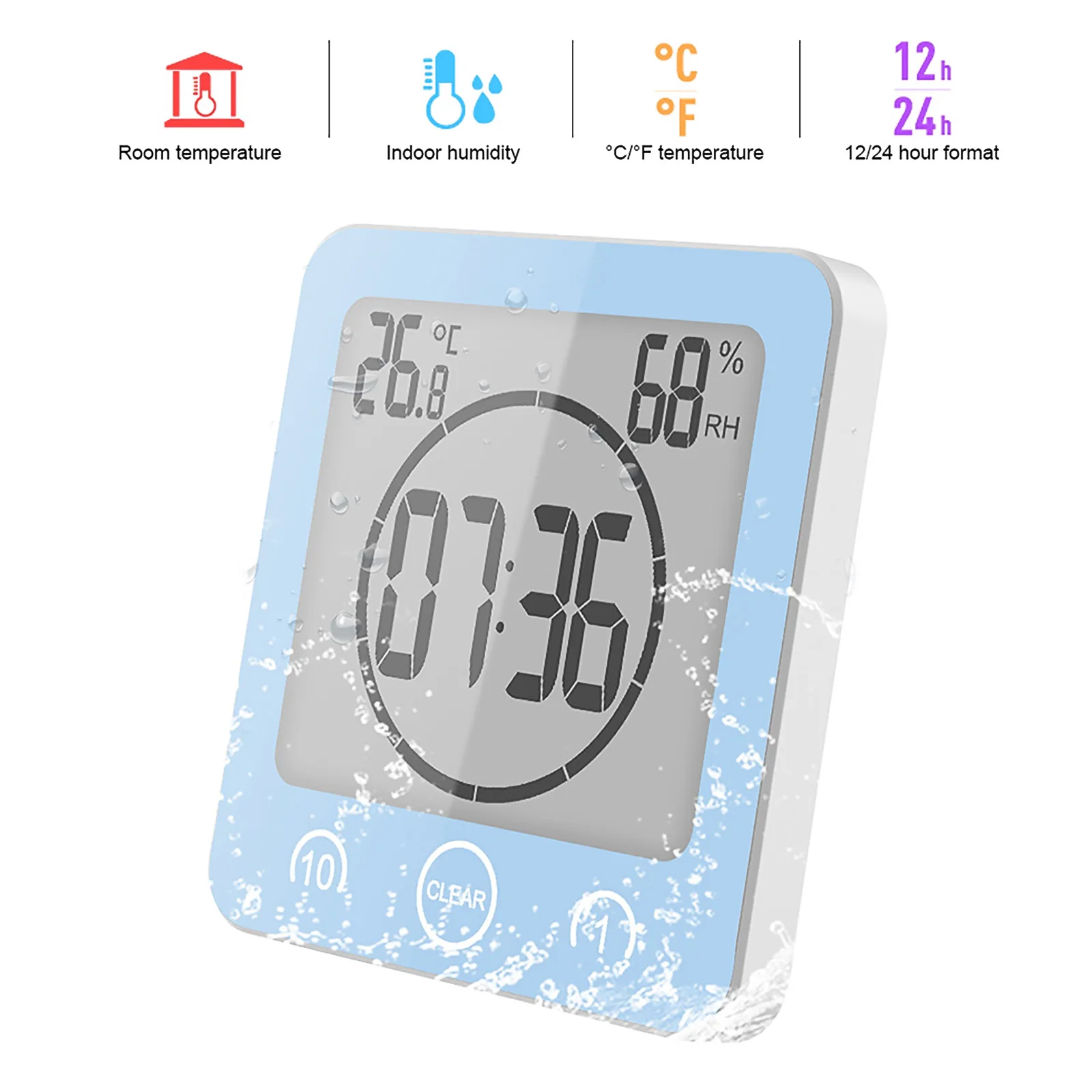 

Часы настенные с таймером для душа, цифровые водонепроницаемые ЖК-дисплеи для ванной комнаты, влажность и температура, для кухни