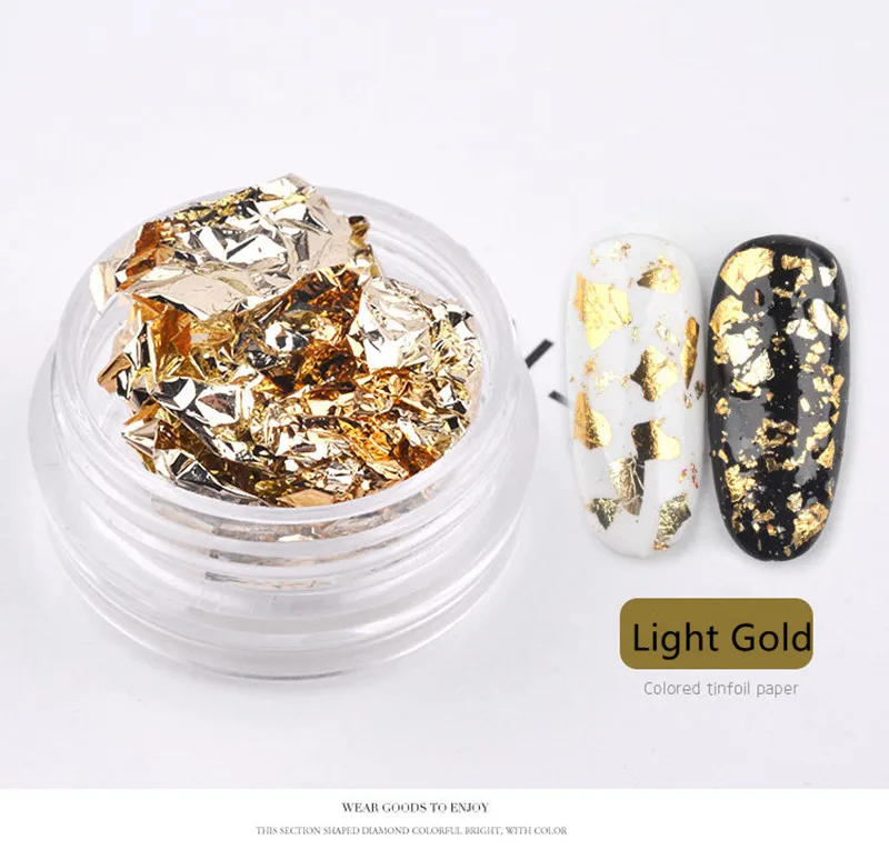 Light Gold 1 коробка алюминиевая фольга для ногтей двухсторонняя красочная неправильная наклейка из фольги бумага 3D блестки хлопья лазер DIY Маникюр украшения - Цвет: Light Gold