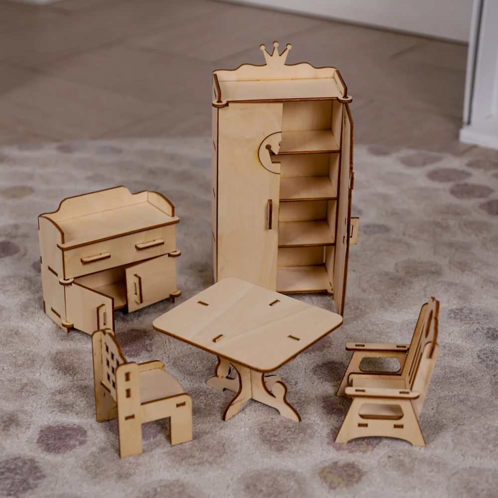 

Wooden furniture set for Barbie like doll (5 items) assemble without glue and plywood building kit for play and creativity (M5)