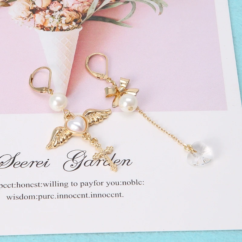 Золотой крест с угловыми крыльями имитация жемчуга подвеска свисающие серьги