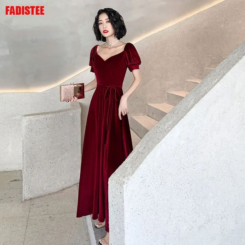 Мусульманское Пышное бордовое велюровое платье с короткими рукавами длинное