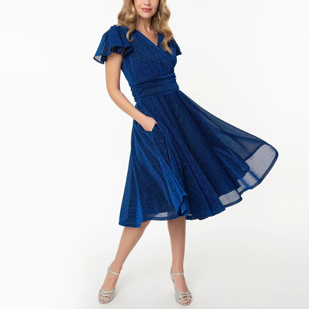 

Blue Dresses for Women Sequins V Neck Sexy Midi Dresses High Waist Slim Fit Dresses Elegant Evening Party Dresses Female