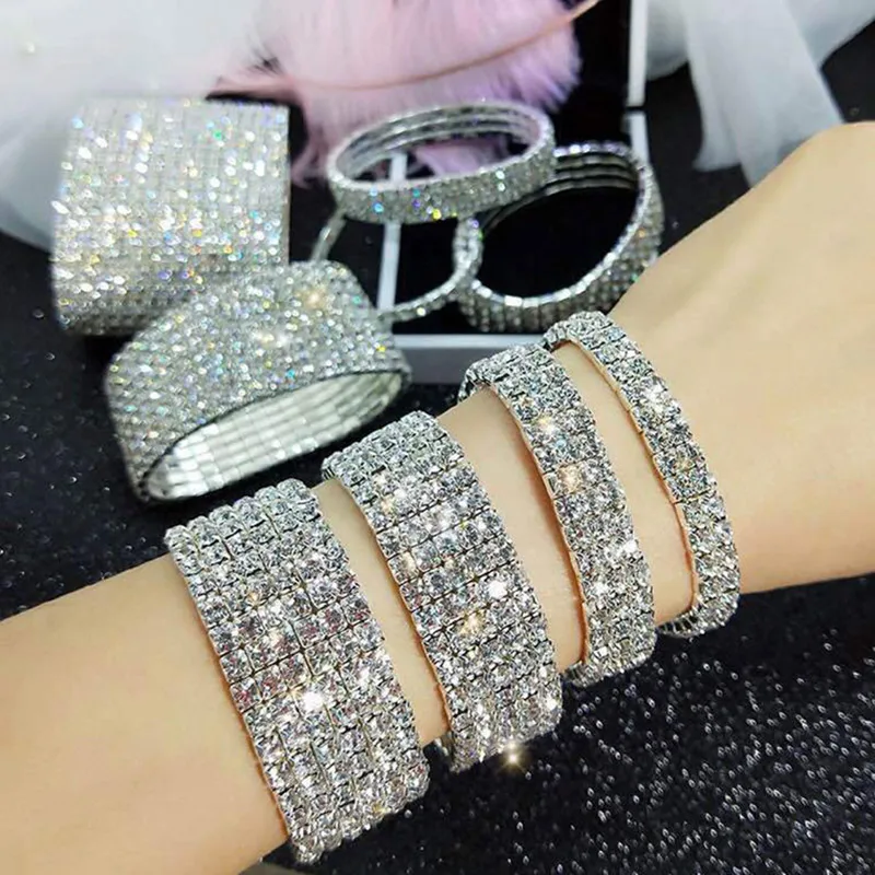 

USTAR Shiny Multilayer Full Rhinestone Bracelet for Women female Silver Color Crystal Bangles Jewelry Wedding Gift