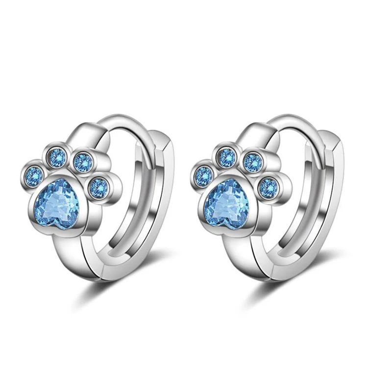 

KOFSAC New Trendy Jewelry 925 Sterling Silver Earrings For Women Blue Zircon Cute Small Cat Paw Hoop Earrings Girl Birthday Gift