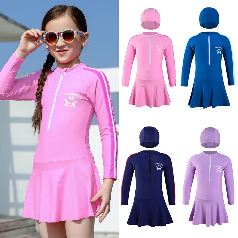 

Children's Swimsuit Girls Swim Dress UPF50 Long Sleeves Swimming Suit for Kids Toddler Teenagers UV Bath Clothes Girl Beach Wear
