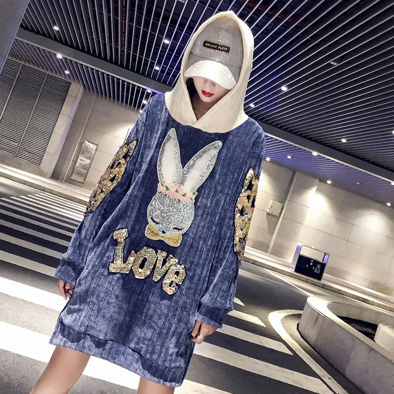 

Soft Milk Blue Sweater Women Chenille Hooded Mid-Length New Style for Autumn and Winter Embroidered French Lazy Wind Warm Base