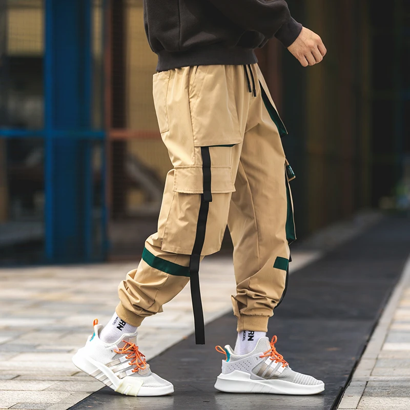 

Ribbons Streetwear Joggers Men Casual Slim Mens Joggers Pants Multi-pockets Ankle-length Harem Trousers Men 2021