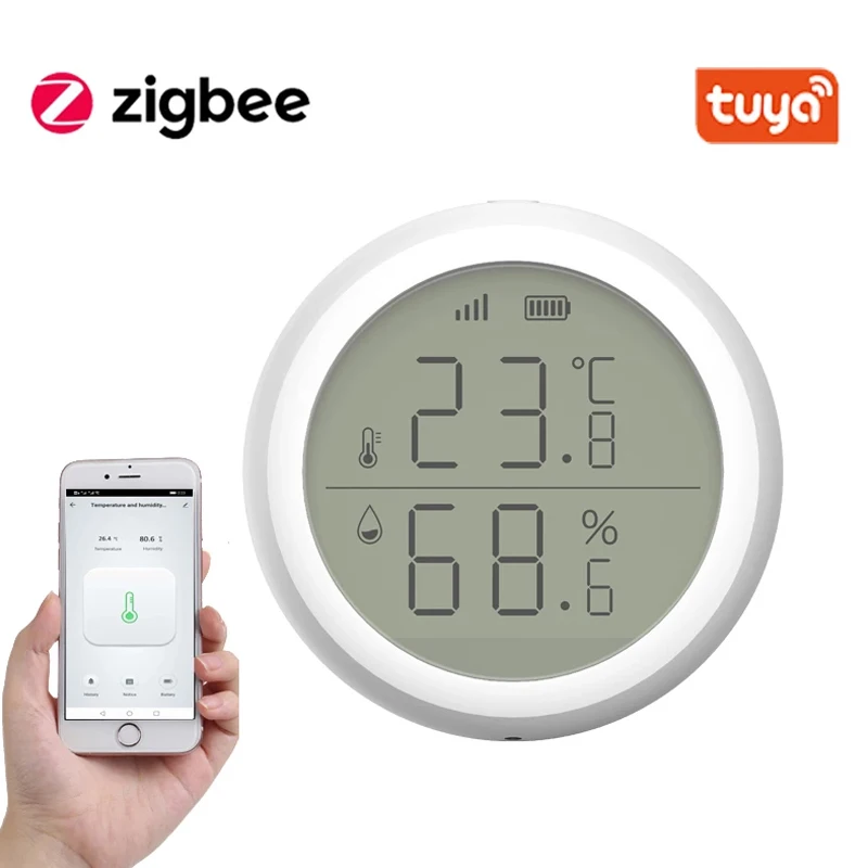 

Датчик температуры и влажности Tuya ZigBee для умного дома, измеритель со светодиодным экраном, работает с Google Assistant и Tuya Zigbee Hub