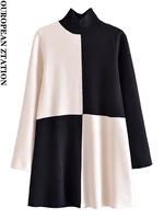 women knit colour block mini dress 2022 new high neck long sleeves slim vintage dress womens fashion spring autumn dresses