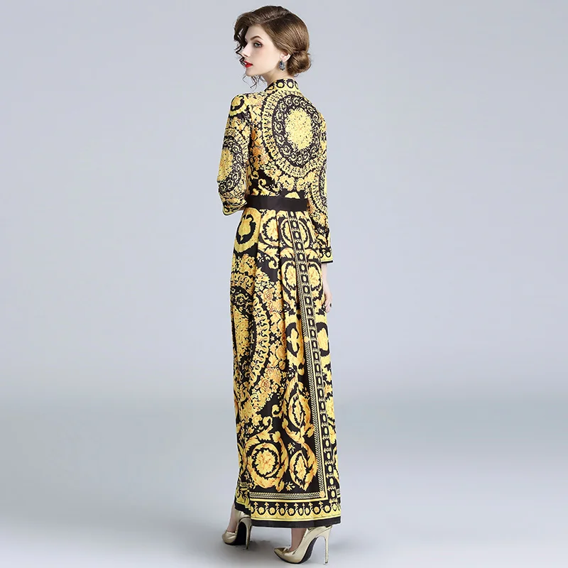 

Banulin HIGH QUALITY 2018 Newest Fashion Runway Dress Women's Long Sleeve Crystal Retro Floral Elegant Printed Vintage Dresses