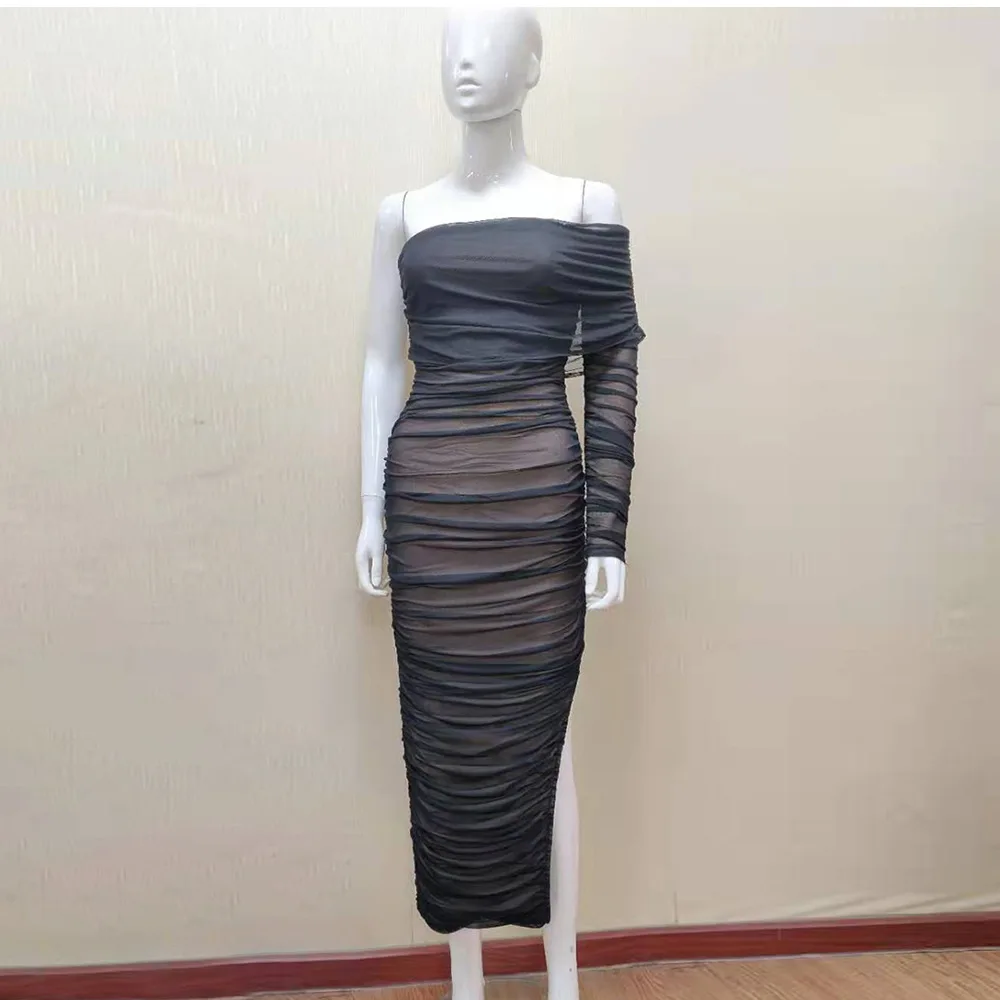 Женское облегающее Сетчатое платье средней длины красное черное с одним рукавом