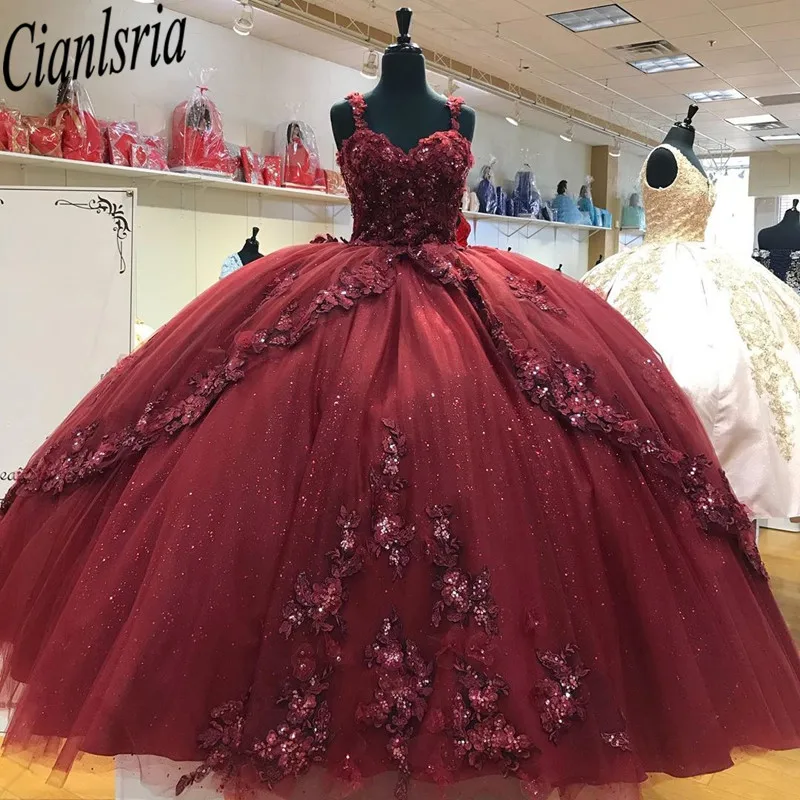 

Блестящее милое бальное платье Burgendy 16, бальное платье с бисером, блестками и 3D цветами, милое платье 15 лет, Quinceanera 2020