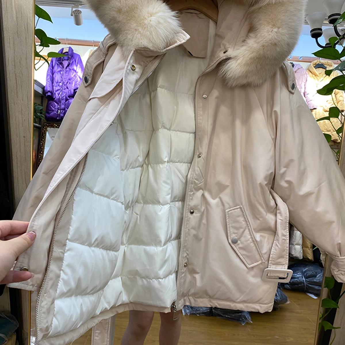 Fitaylor Women Winter 90% White Duck Down Jacket Belt Up Big Real Fur Collar Coat Warm Office Lady Black Fashion Outwear | Женская