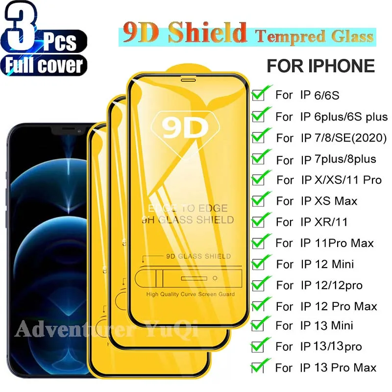 

9D 3Pcs Tempered Glass for iPhone 13 12 11 Pro Max Screen Protector for iPhone X Xr Xs Max 7 8 6S 6 Plus SE2020 Full Glue Glass