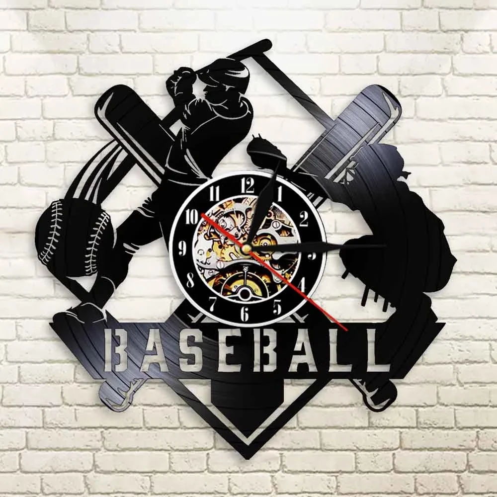 

Бейсбольный профессиональный игрок Хиттер и Ловец настенные часы художественный декор силуэт часы Софтбол игра виниловая Запись часы