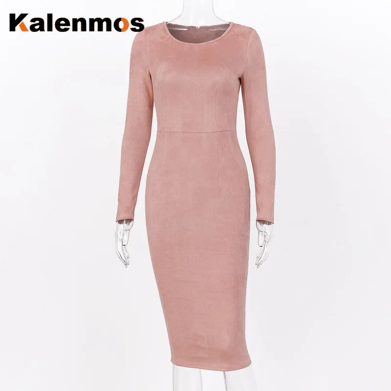 Замшевые Длинные рукава Bodycon Midi платье KALENMOS 2019 Осень Зима Женщины Высокая талия o