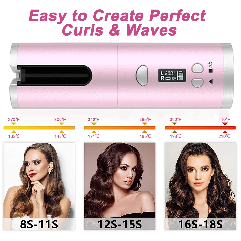 

Wireless Automatic Hair Curler Rechargeable Rotating Curling Iron LCD Display Temperature Adjustable Hair Rollers Styling Tools