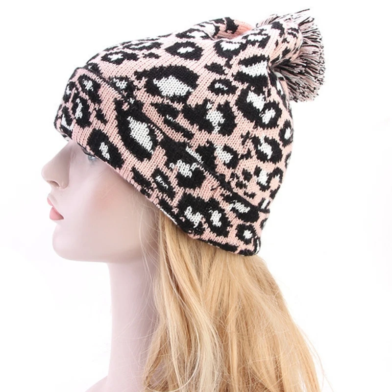 Женская Зимняя Вязаная Шапка бини винтажная с леопардовым узором жаккардовая