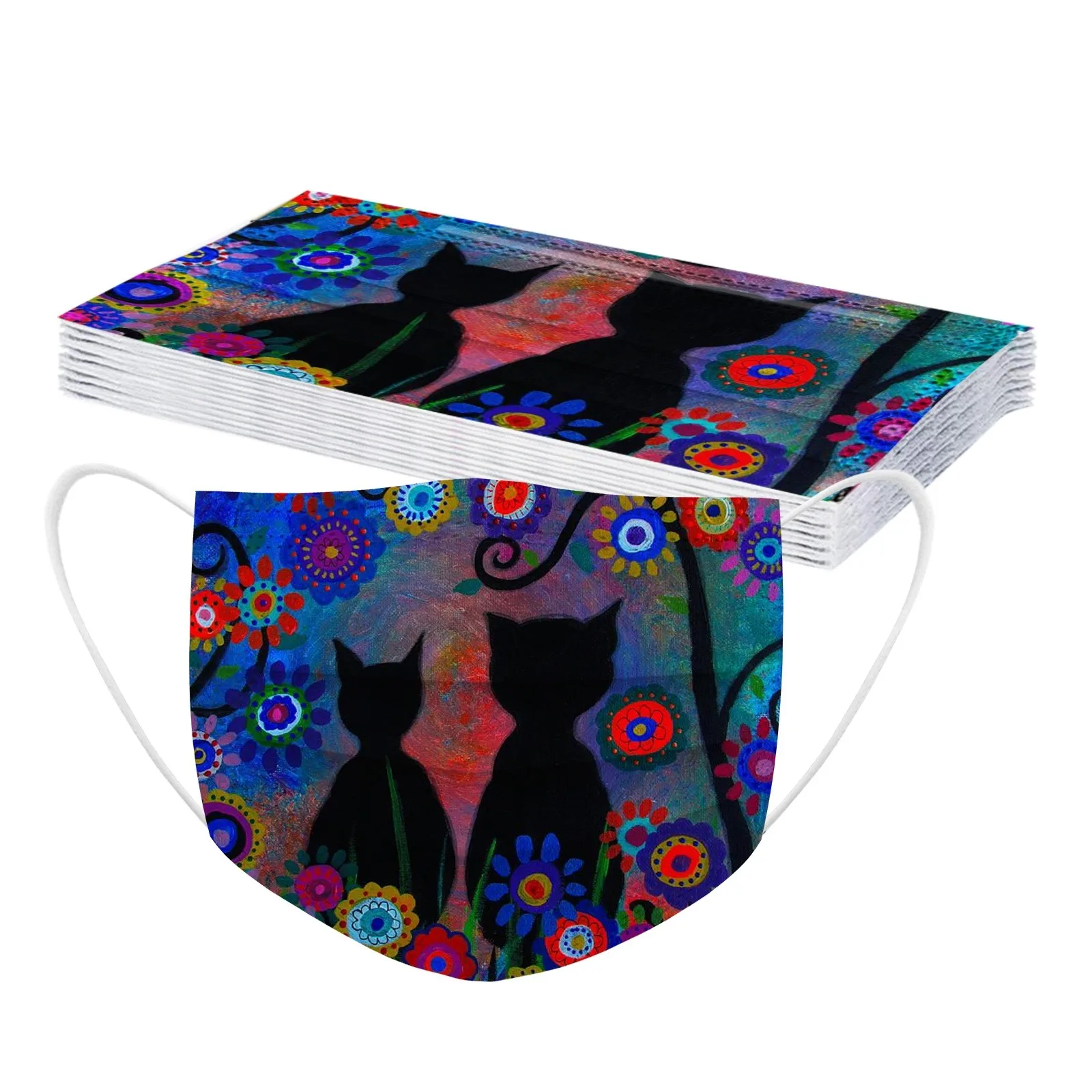 Одноразовая маска для лица с принтом кота взрослых 3 слоя 10 шт. | Тематическая