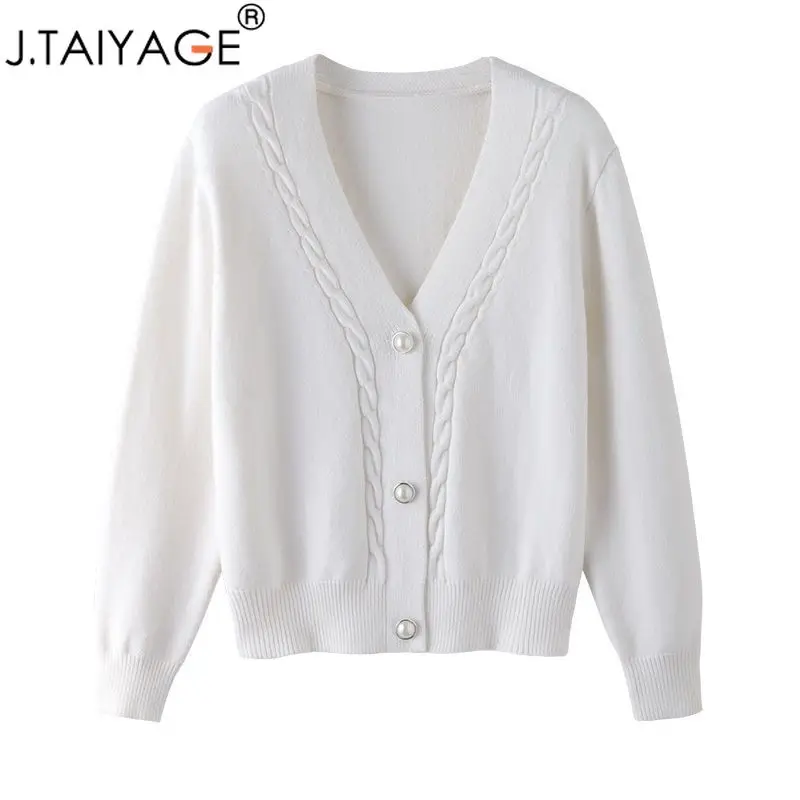 

J.TAIYAGE Cardigan Sweater Women New V Neck Pearl Single Breasted Thicken Sweaters Long Sleeve Knitted Top Cropped Cardigans