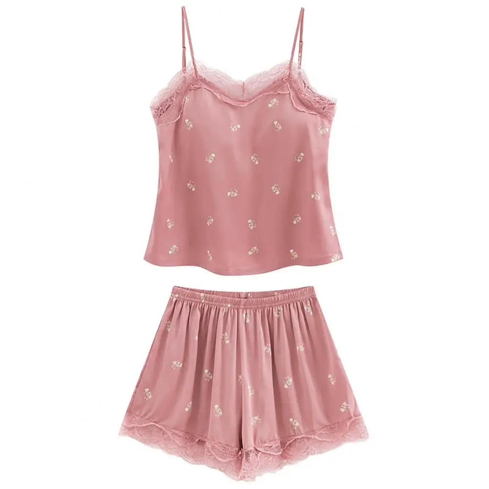 

Women Summer Two-piece Pajamas Set Chest Pad Sling Thin Attractive Shoulder Strap Sexy Nightwear for Christmas Party