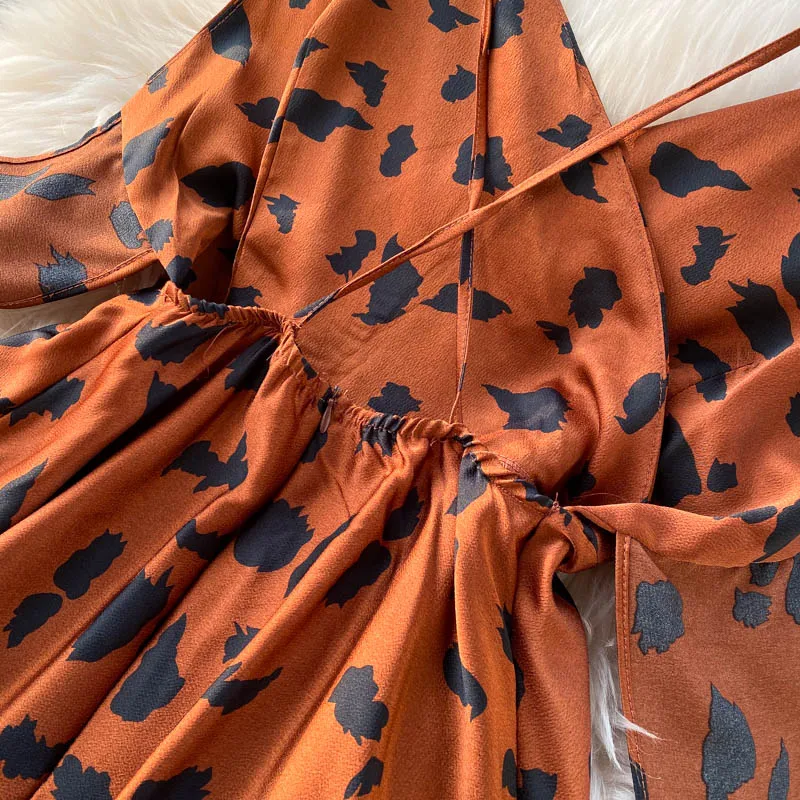 

New Women Leopard Printed Vintage Dress Summer V Neck Backless Bandage Dresses Ladies Elegant A Line Party Long Robe Vestidos