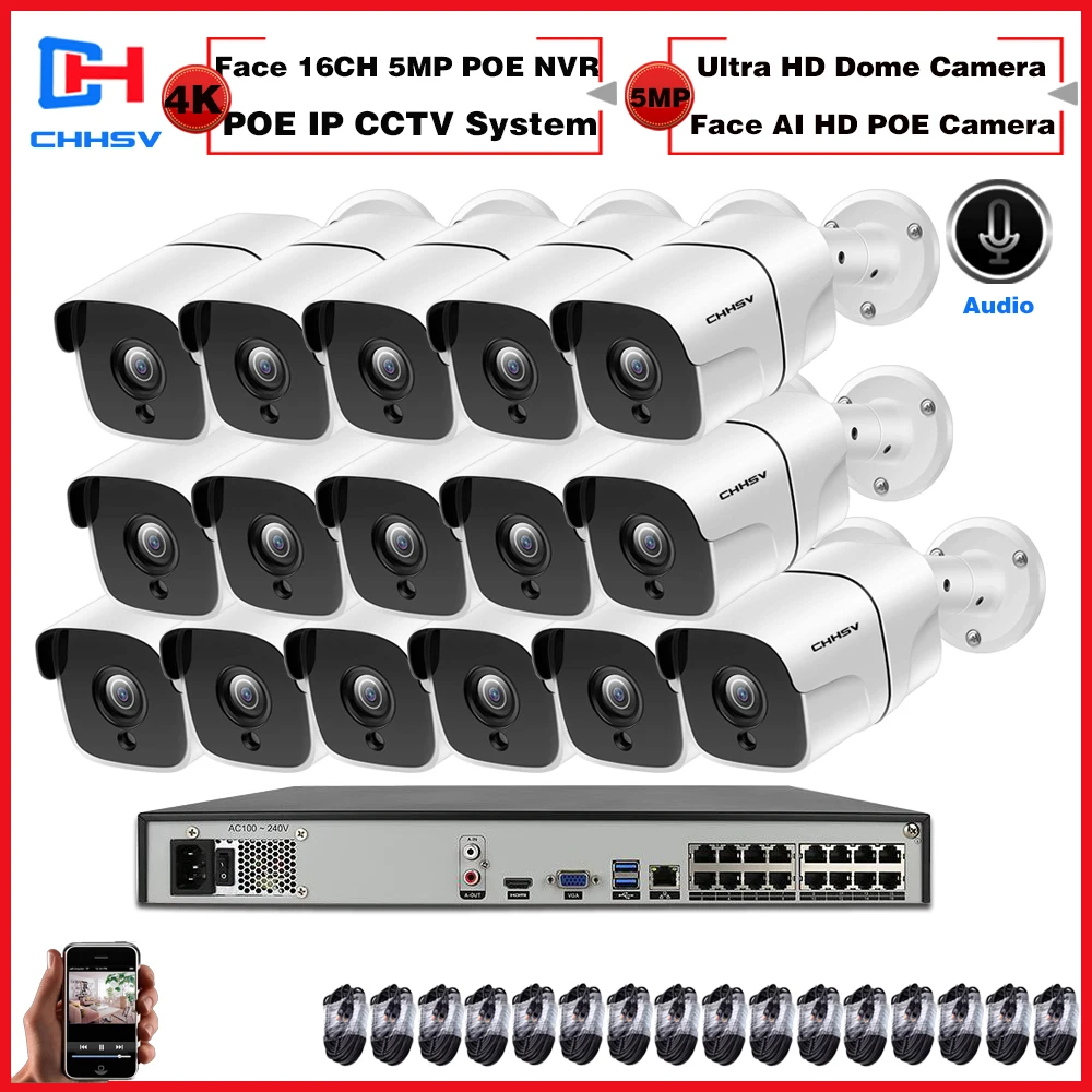 

H.265 16CH 5MP 4K HD POE NVR Kit CCTV System IR Outdoor Two Way Audio AI IP Camera P2P Video Security Surveillance Set 4TB HDD