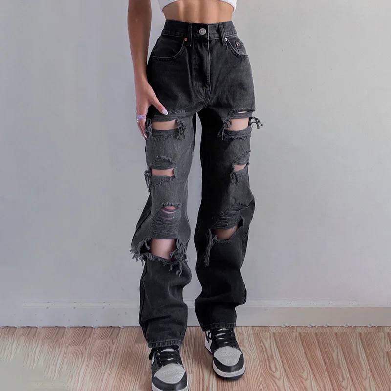 

New High Waist Ripped Jeans Women's Vintage Hip Hop Baggy Straight Denim Jeans Female Torn Trousers Streetwear Fashion Clothes