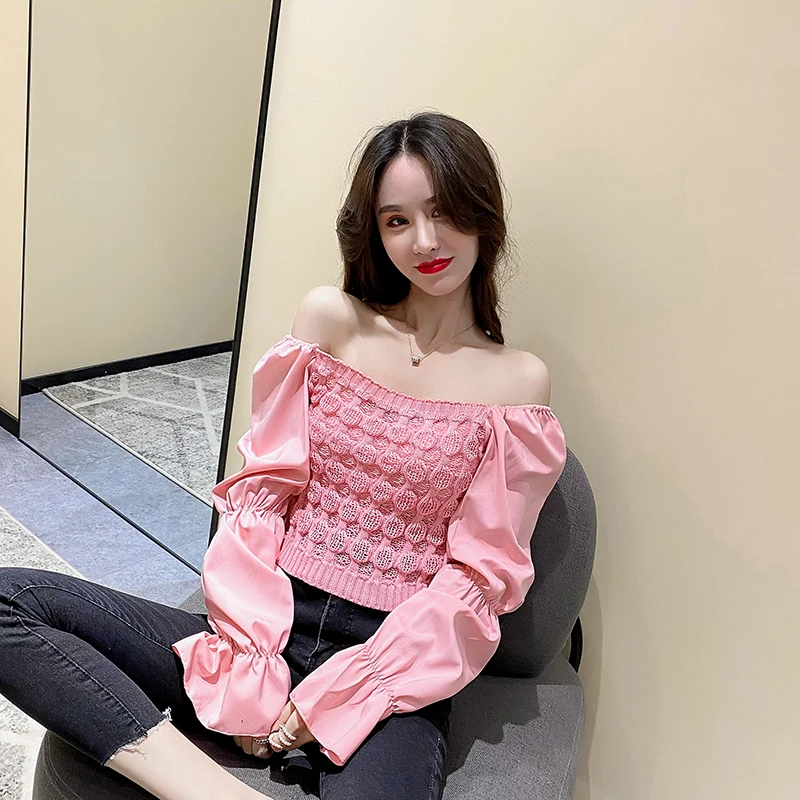 

spring autumn flare Sleeve Women Pullover Sweater sweet Chiffon Patchwork Knitted Sweaters Korean Style pink Slim short Knitwear