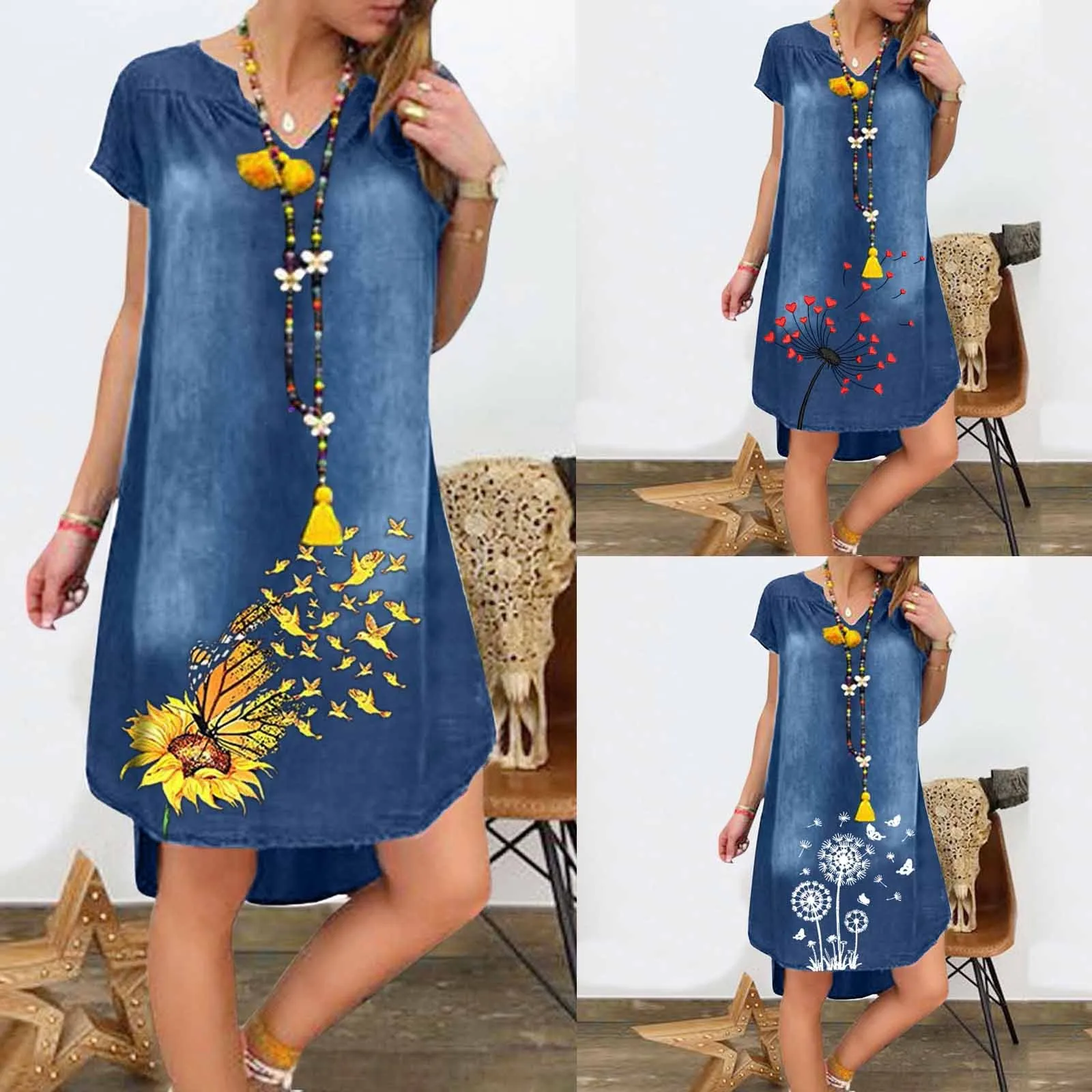 

2021 Women Casual Knee-Length Dress Short Sleeve Floral Prints Dress V Neck Summer Ladies Vintage Party Denim Dress Vestidos#G