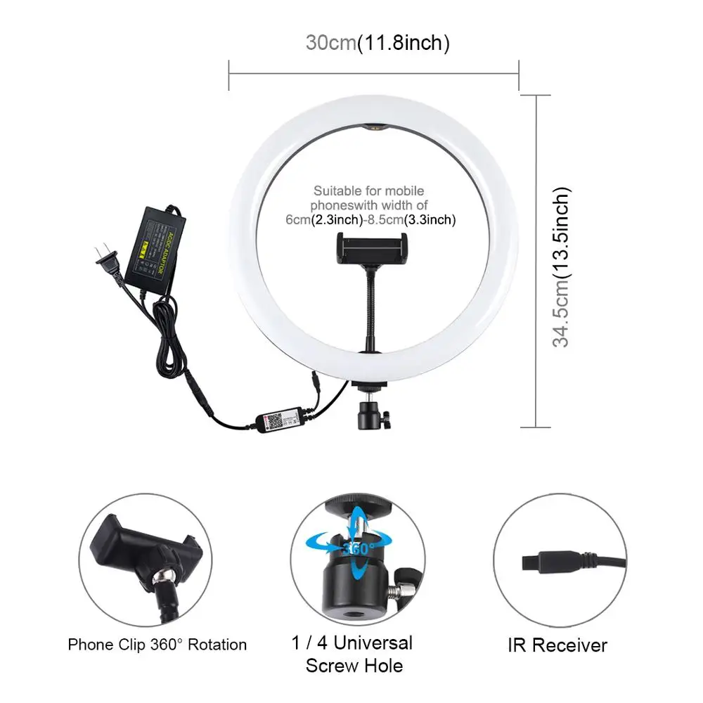 30 см цветная светодиодная Кольцевая вспышка RGB с держателем для мобильных