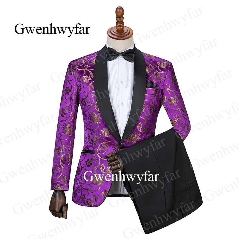 picture color Gwenhwyfar индивидуальный заказ Роскошные фиолетовые смокинги двубортный ЖАККАРДОВЫЕ мужские костюмы Groomsmen костюм Homme Terno Slim Fit 2 шт - Цвет: picture color