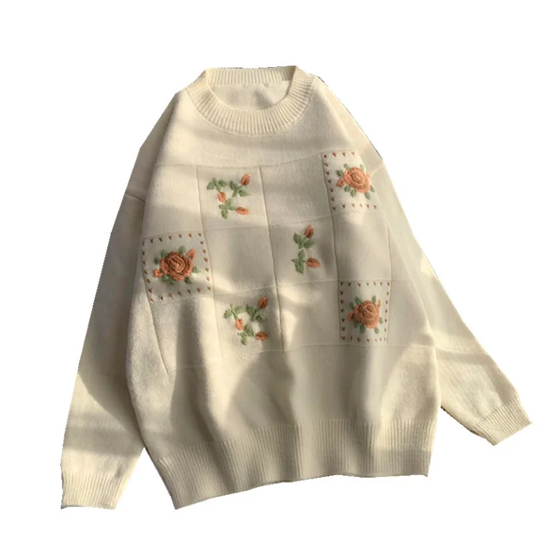 

2020 Autumn Winter New Arrival Sweet Design Wavy Round Neck Jacquard Embroidery Hit Color Square Flower Leaf Decorative Sweater